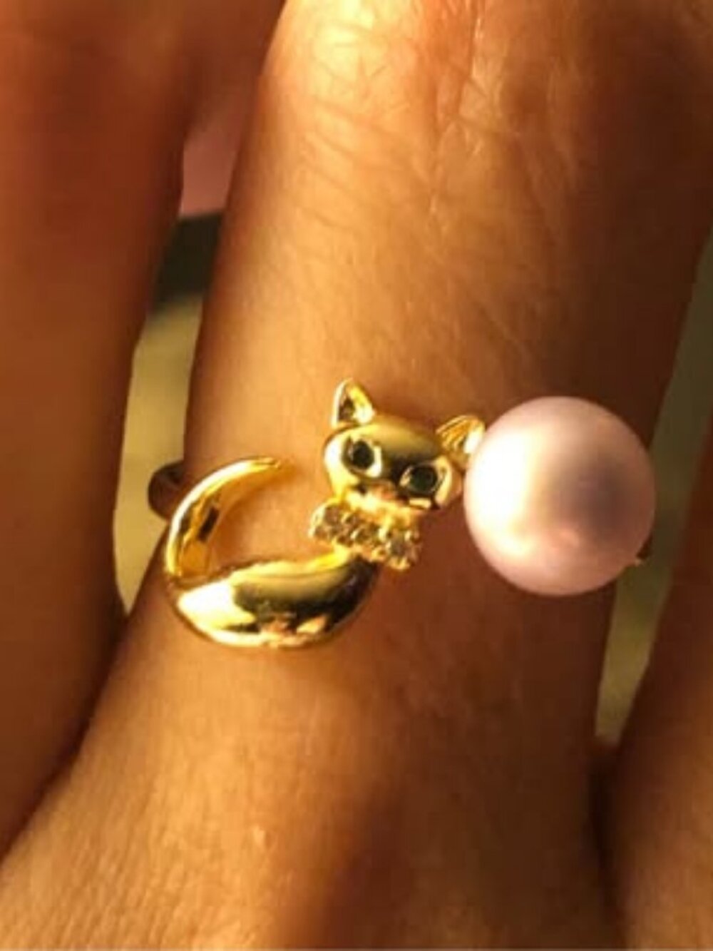 7mm Natural Sea Pearl Cute Cat 925 Sterling Silver Ring, Open Adjustable Band